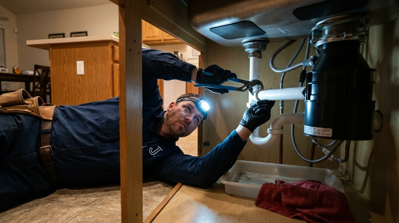 P-trap and supply line connections under a kitchen sink showing a common leak point in Bluffton, OH